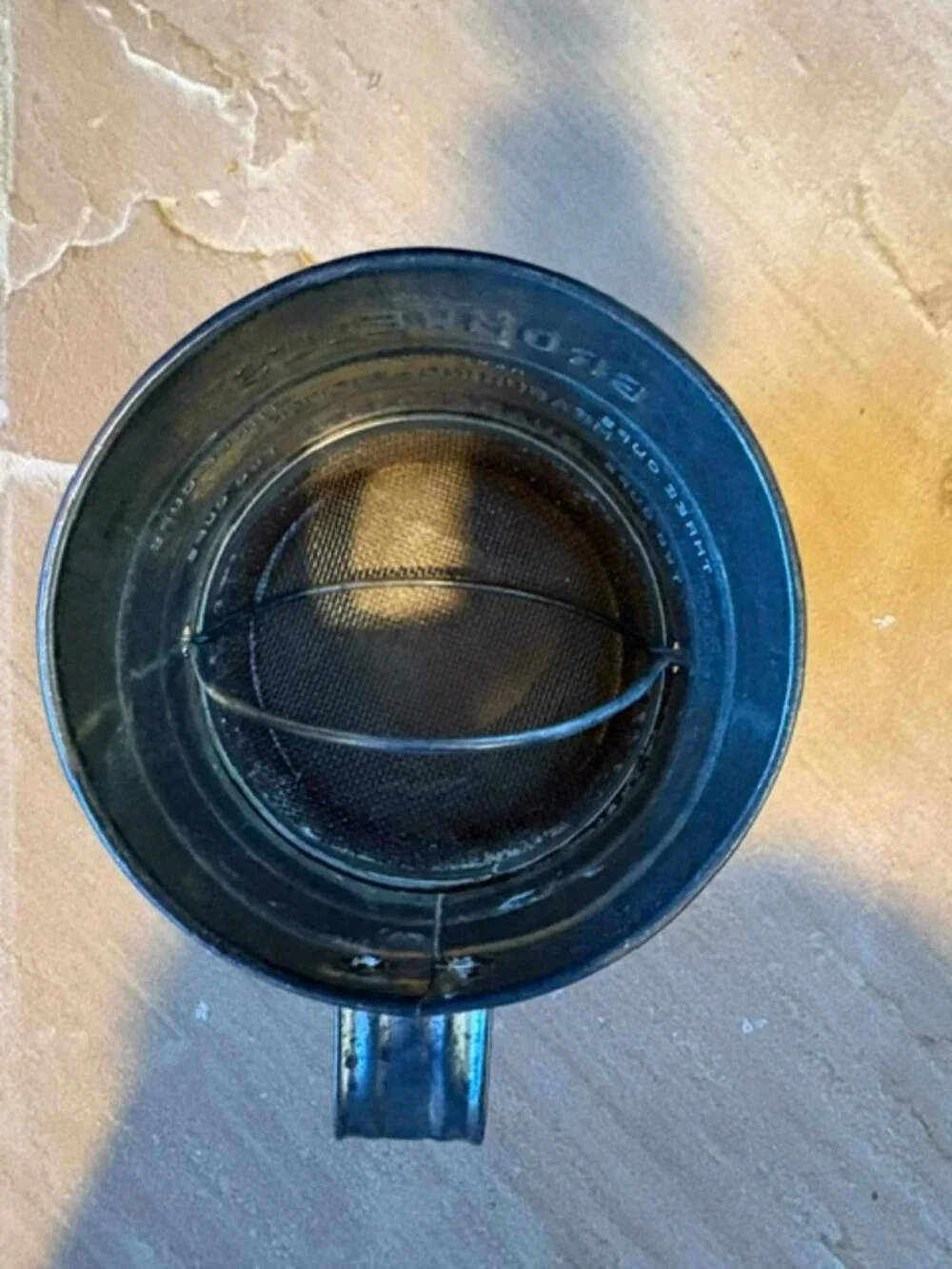 Antique Bromwell's Measuring Cup Flour Sifter Red Handle Farmhouse Rustic Decor